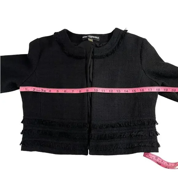 Karl Lagerfeld Paris Tweed Cropped Blazer Jacket Fringe Black Size Small Chic - Picture 12 of 15